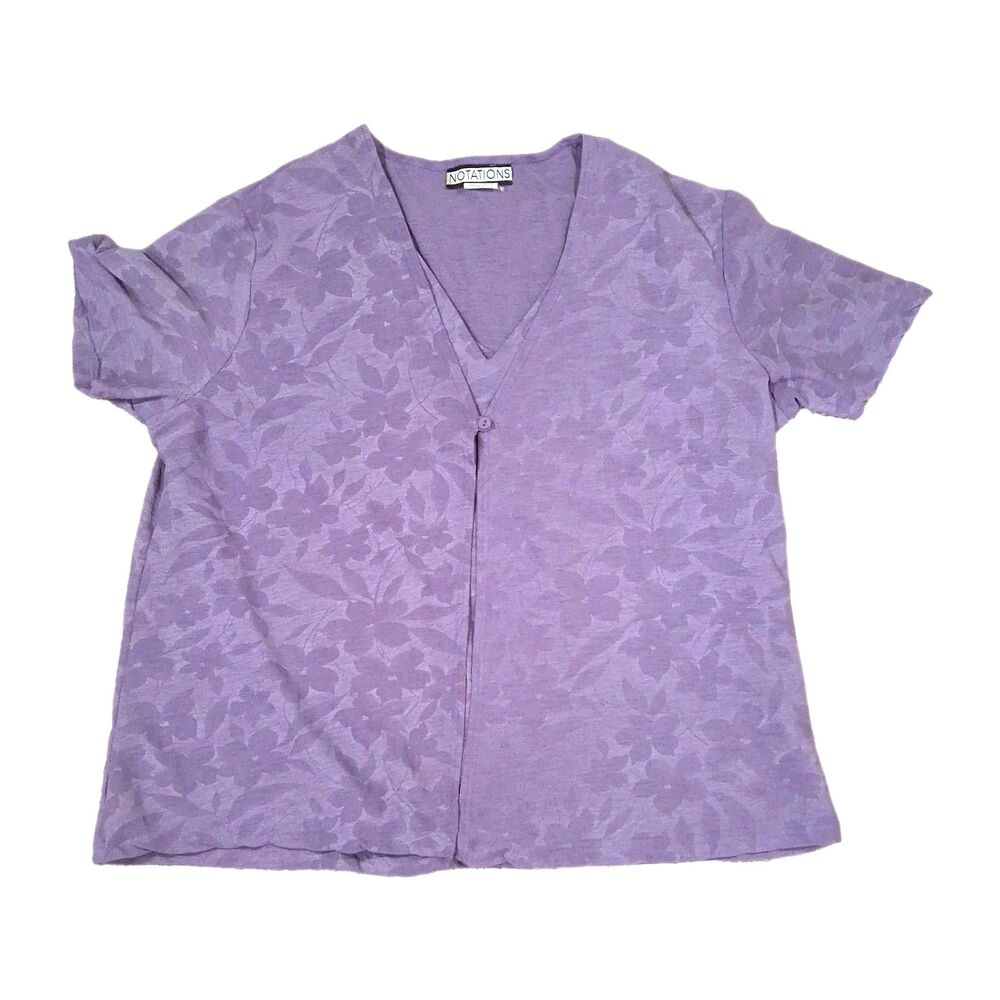Notations Vintage Women Large Purple Floral Faux 2 Piece Short Sleeve Top Blouse